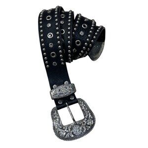 Leatherock Western Belt Rhinestone Buckle Studded Black Silver 41"(total length)